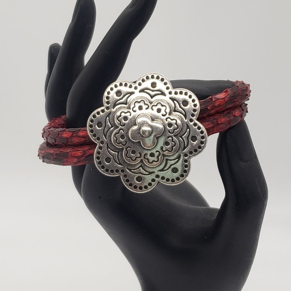 Red Python leather bracelet, 7 1/4, with silver magnetic mandala clasp.